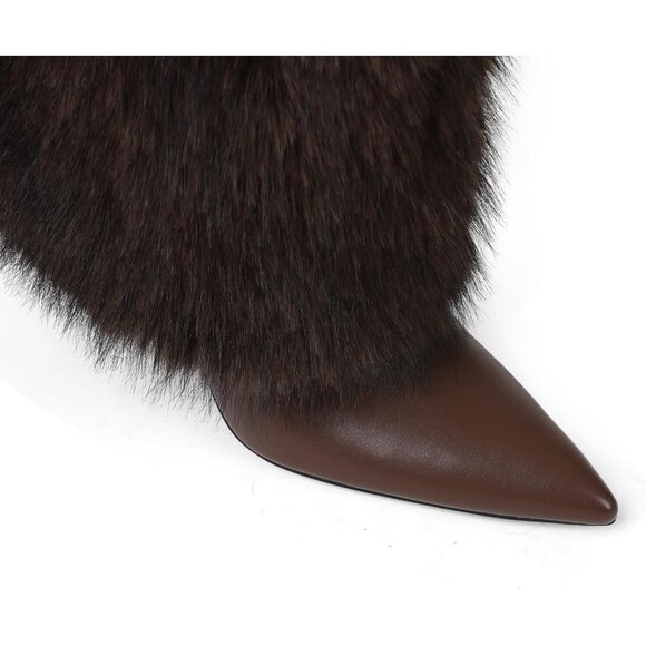 Women's Brown Kalstage Fur Knee High Heeled Wide Calf Party Fashion Boots - Picture 5 of 7